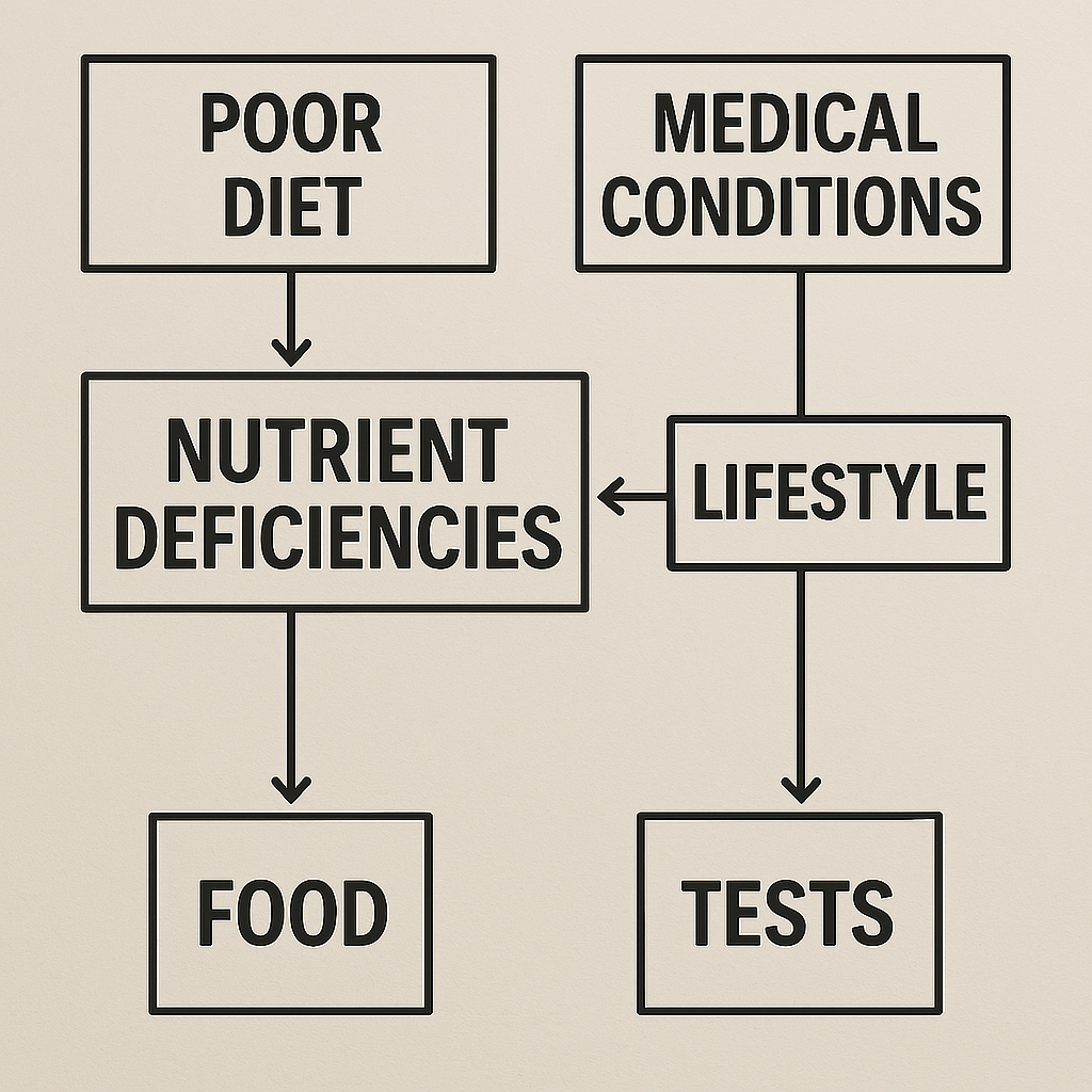  A flowchart linking poor diet, medical conditions, and lifestyle to nutrient deficiencies, with solutions like food and tests.