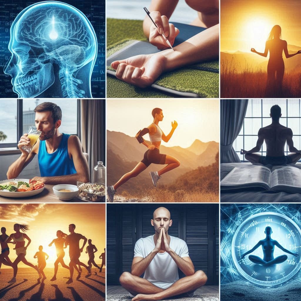 A-montage-of-people-fasting-running-and-meditating-showcasing-real-life-biohacking.