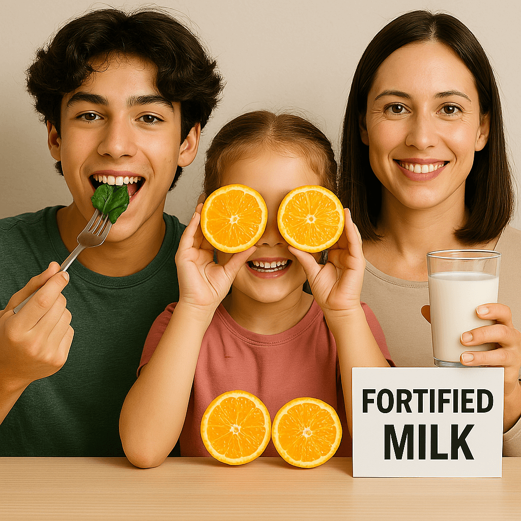 A teen eating spinach, a child with oranges, and a parent with fortified milk, symbolizing nutrient intake.