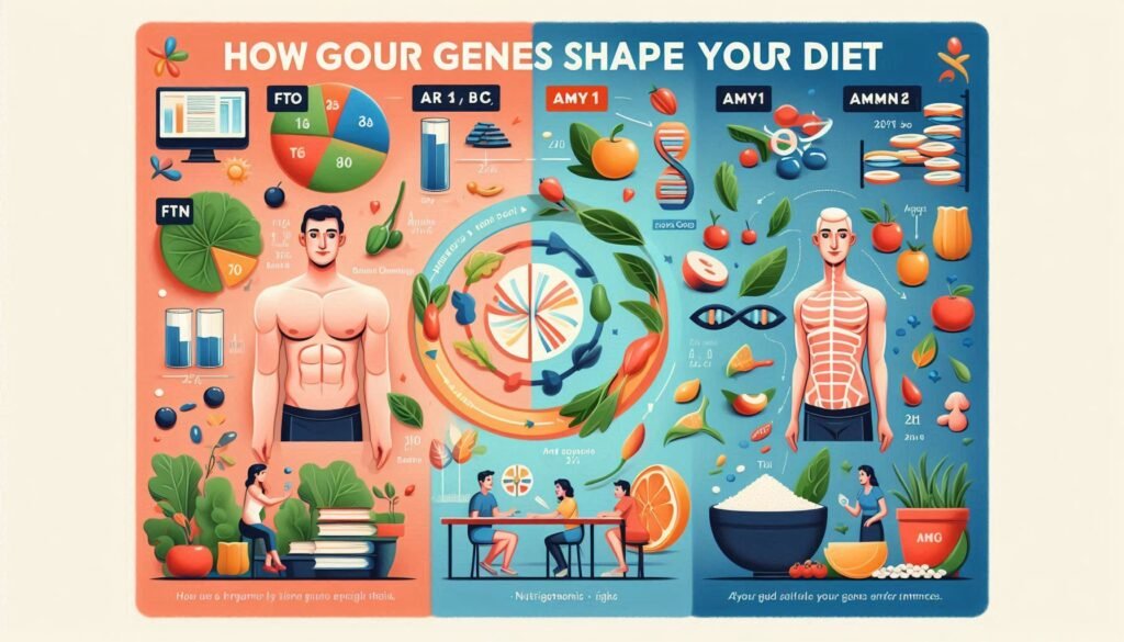  An infographic comparing genes (e.g., FTO vs. AMY1) and their dietary impacts, captioned “How Your Genes Shape Your Diet,” with alt text “nutrigenomics gene comparison