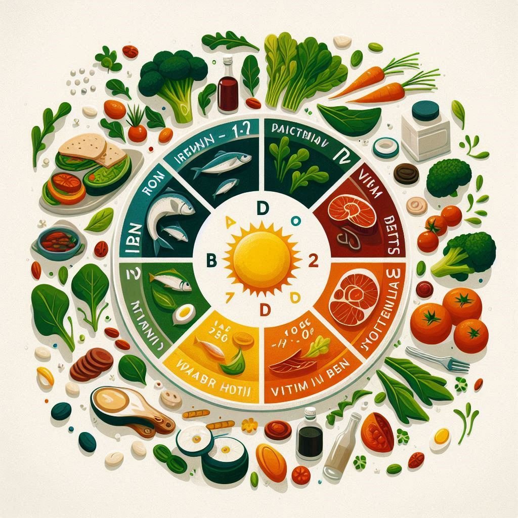 A chart mapping deficiency symptoms to nutrients, with food examples like bananas and eggs.