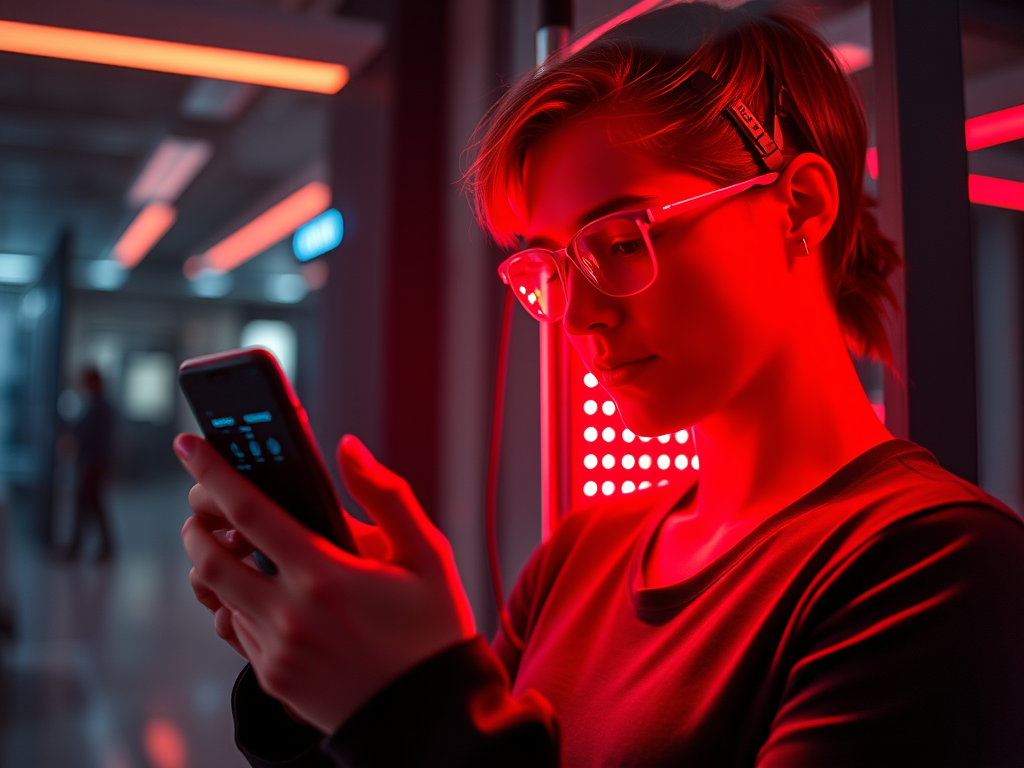 The Ultimate Guide to Biohacking: 5 Simple Ways to Boost Health and Performance A person using a red light therapy panel while checking Whoop data on a phone, highlighting advanced biohacking.