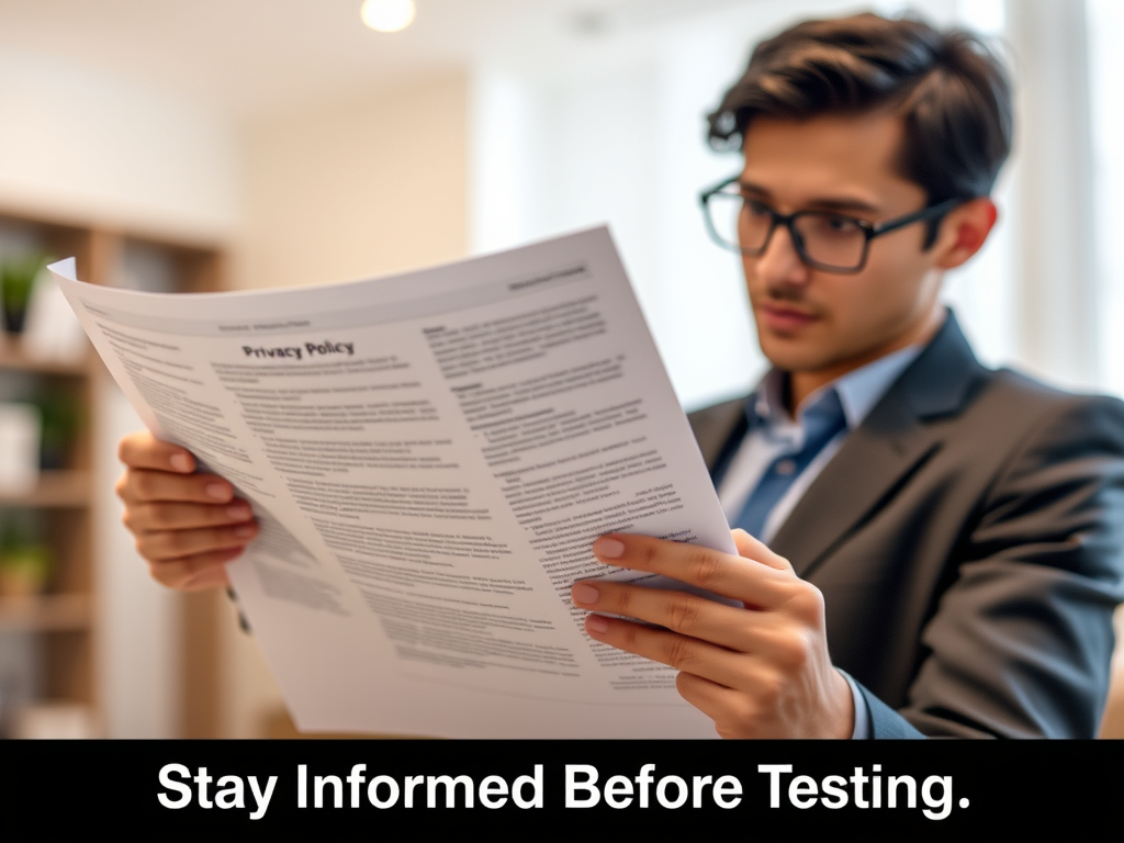  A thoughtful image shows a person reviewing a DNA test privacy policy.