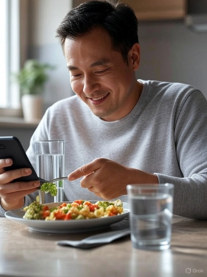 A person drinking water, eating a balanced meal, and logging progress on MyFitnessPal.