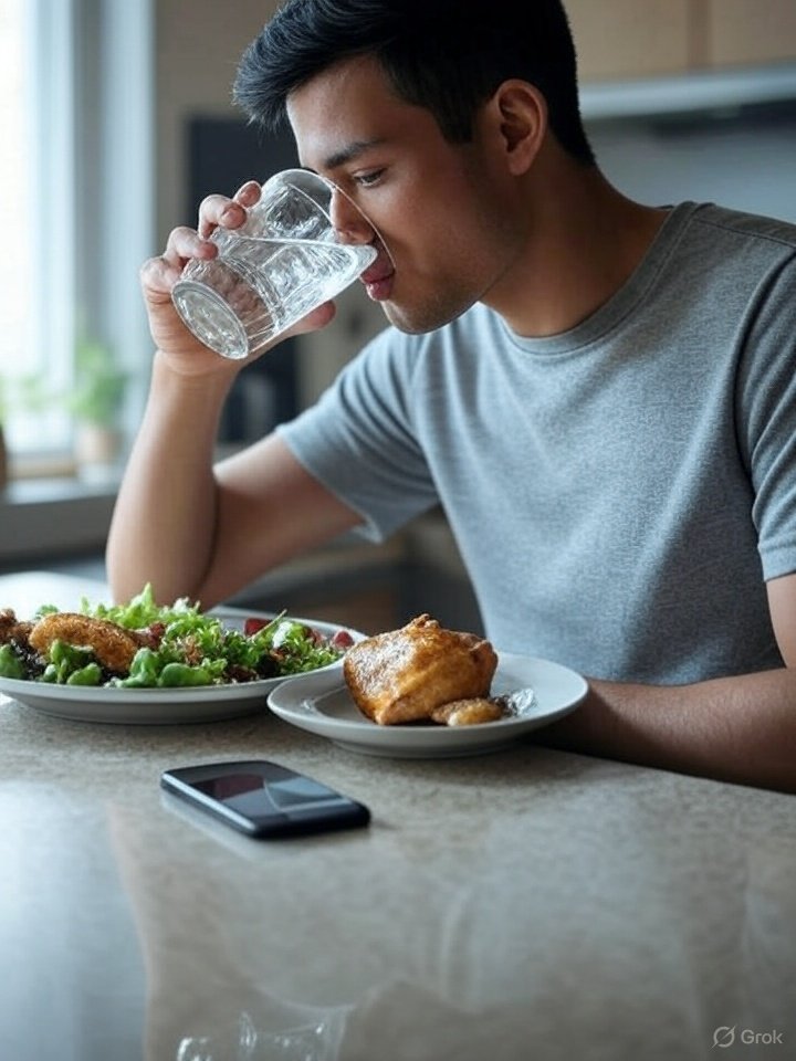 A person sipping water at a social event, walking lightly, and eating a healthy meal.