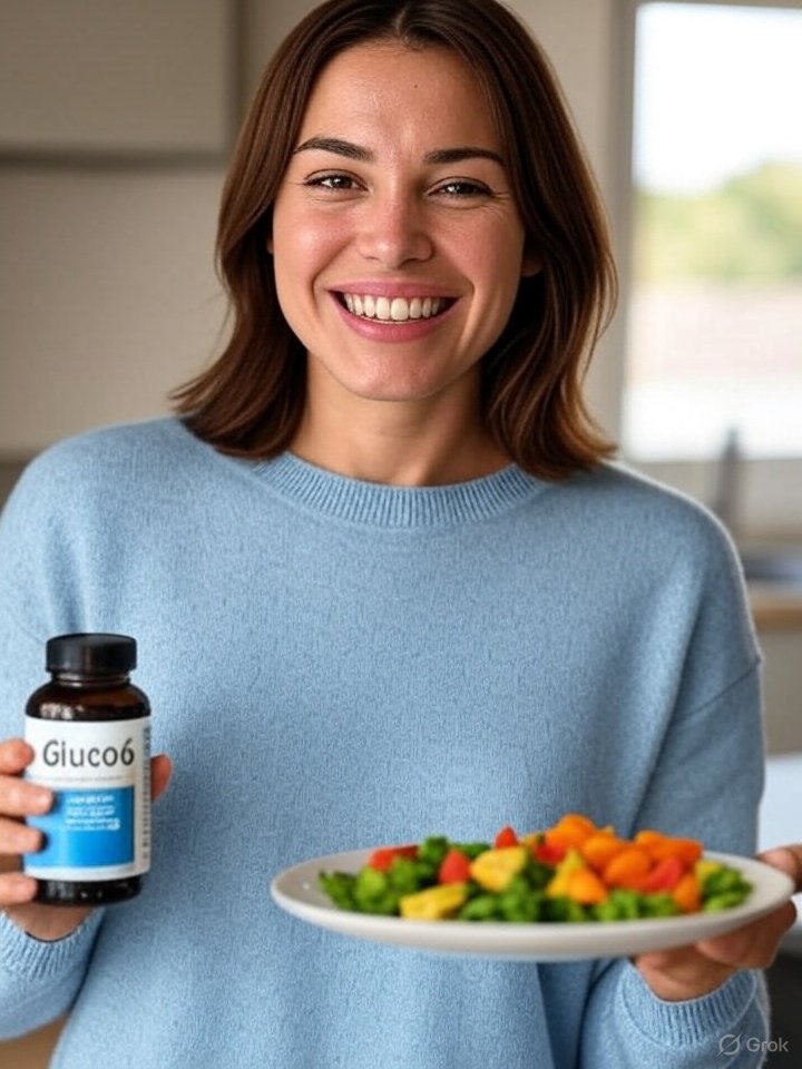 7 Proven Ways to Reduce Blood Sugar Naturally : A person smiling, holding a Gluco6 bottle and a plate of veggies, ways to Reduce Blood Sugar Naturally