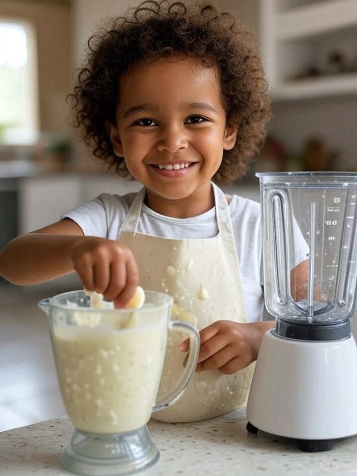  A child blending a kefir smoothie with bananas, dancing in the kitchen.